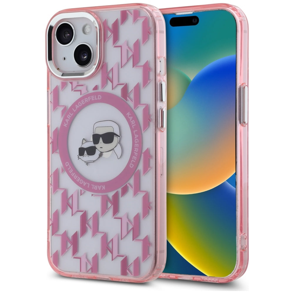 Karl Lagerfeld - IML MagSafe (KLHMP15MHMCKMHP) - iPhone 15 Plus - Pink Monogram Karl&Choupette Head