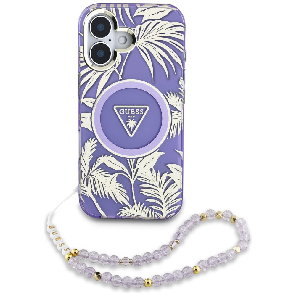 Guess - IML Palm Trees Triangle with Pearl Strap MagSafe (GUHMP16SHPCTPLSU) - iPhone 16 - Purple