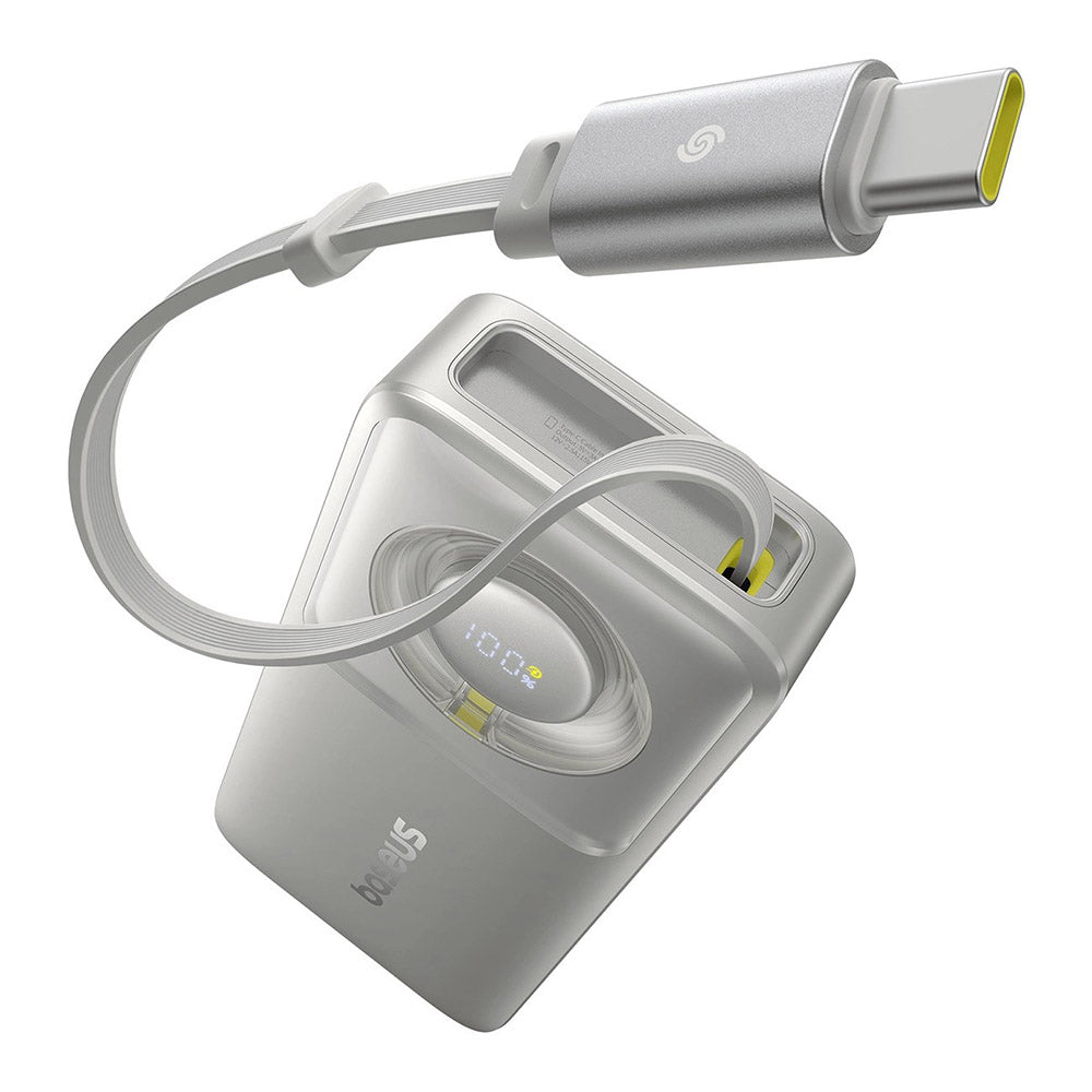 Baseus - Power Bank Free2Pull (P10073701843-00) - with Retractable USB-C Cable, Type-C, Display, 10000mAh, 30W, 0.7m - Grey