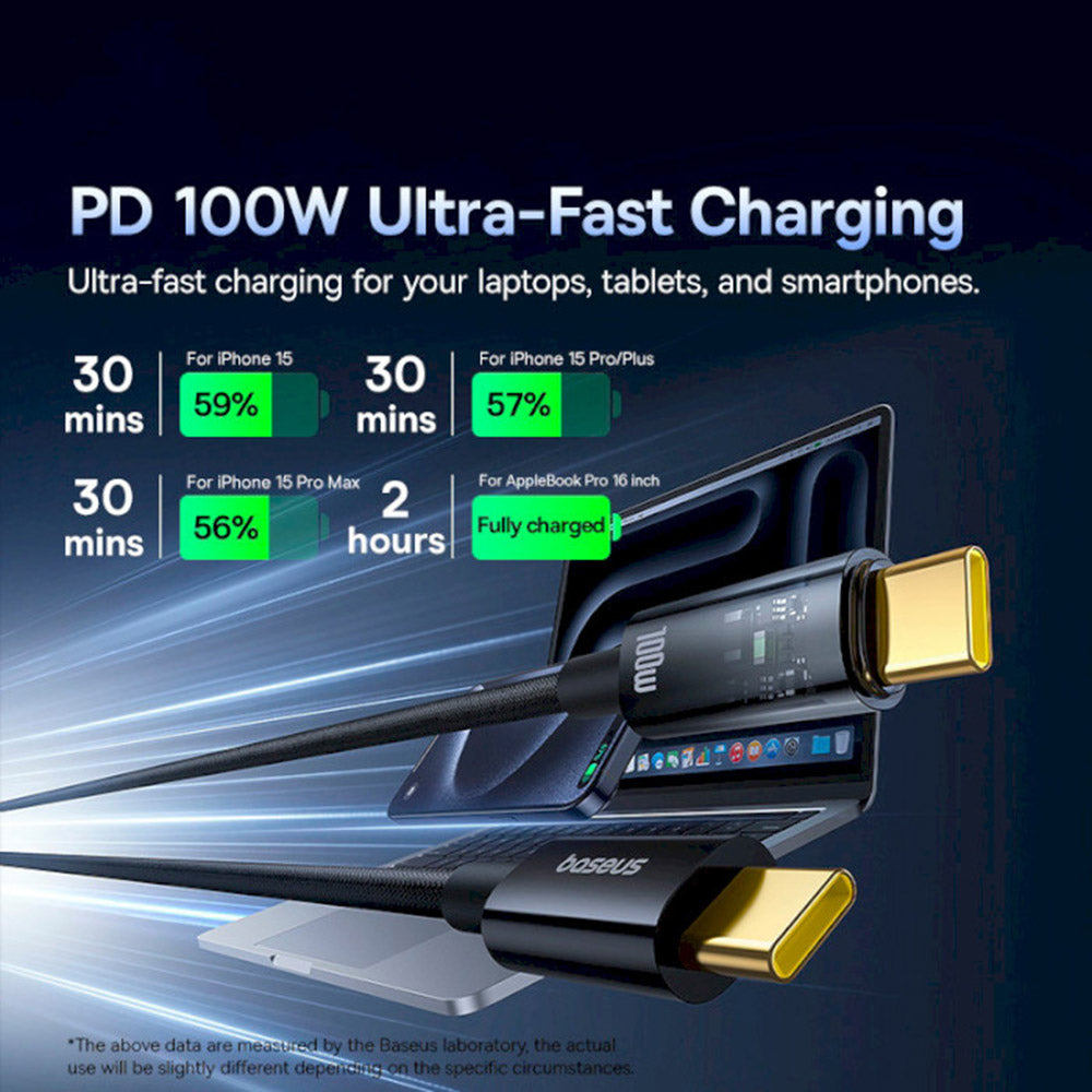 Baseus - Data Cable Explorer (P10319703111-00) - Type-C, Fast Charge, 100W, with Auto Shutdown, Naylon, 1m - Cluster Black