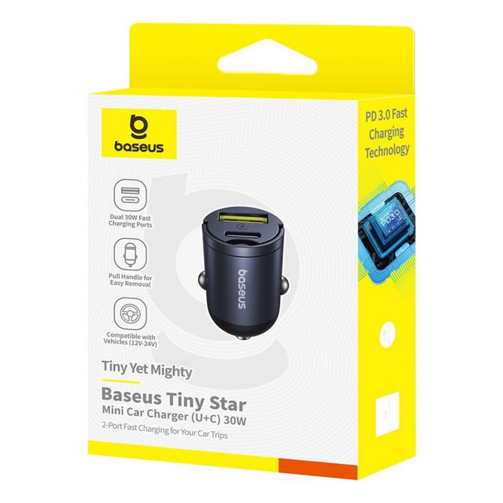 Baseus - Car Charger Tiny Star Mini (C00035001121-02) - USB, Type-C, 30W, with Built-in Pull Handle, 12V to 24V - Black