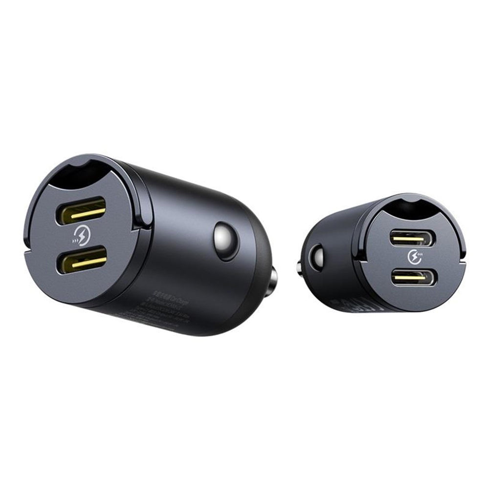 Baseus - Car Charger Tiny Star Mini (C00035001121-03) - 2x Type-C, 30W, with Built-in Pull Handle, 12V to 24V - Black