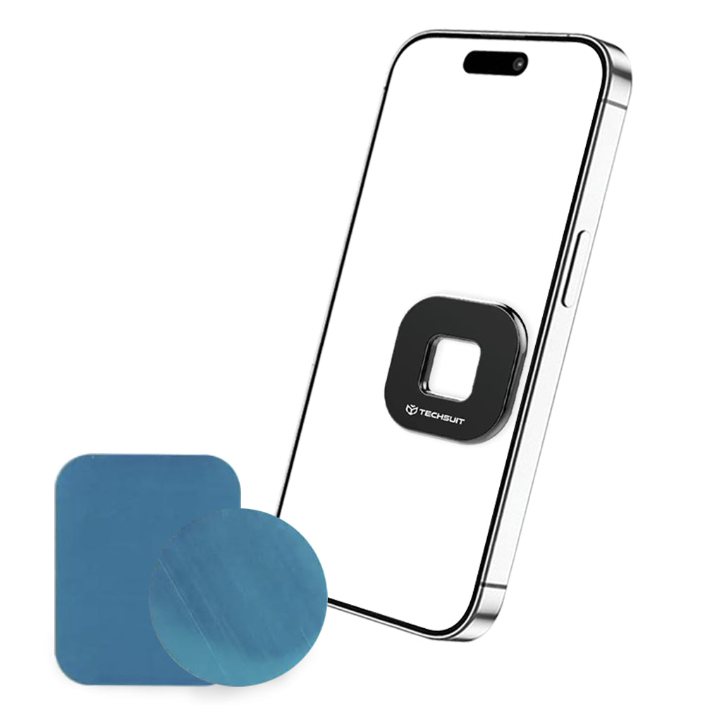 Techsuit - Phone Holder Tiny Series (HOLD210) - Dashboard Magnetic Grip, Multipurpose Use, Quadrilateral, 2 Metal Plates - Black