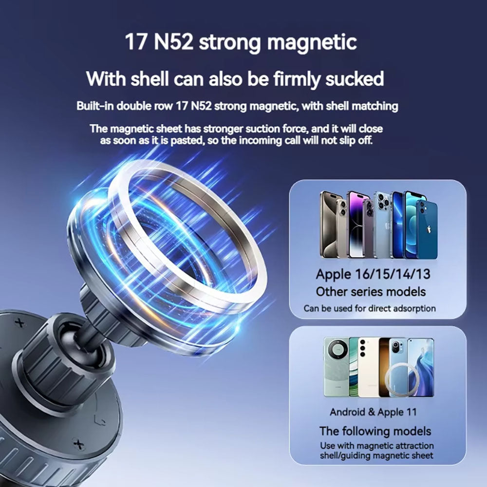 Techsuit - Premium Car Holder with Wireless Charging (HOLD253) - MagSafe N52 Magnets, Powerful Suction Cup, Dashboard - Black