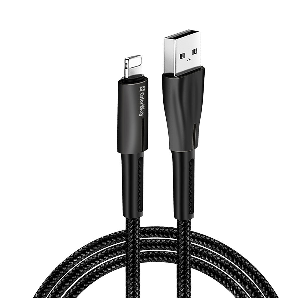 ColorWay - Data Cable (CW-CBUL035-BK) - USB to Apple Lightning, Quick Charge 3.0, LED, Nylon, 2.4A, 480Mbps, 1m - Black