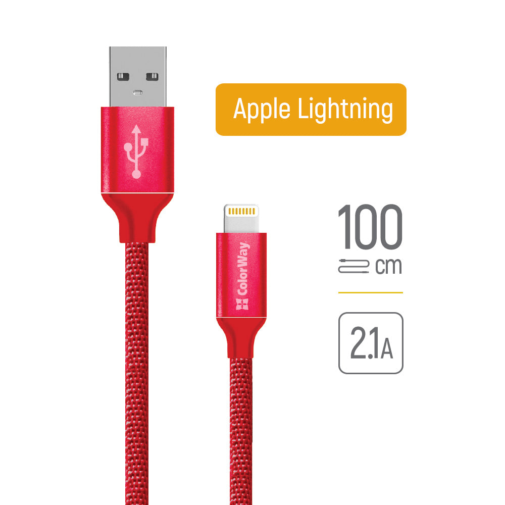 ColorWay - Data Cable (CW-CBUL004-RD) - USB 2.0 to Apple Lightning, for Syncing & Charging, Nylon, 2.1A, 480Mbps, 1m - Red