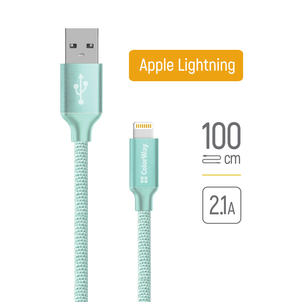 ColorWay - Data Cable (CW-CBUL004-MT) - USB 2.0 to Apple Lightning, for Syncing & Charging, Nylon, 2.1A, 480Mbps, 1m - Mint