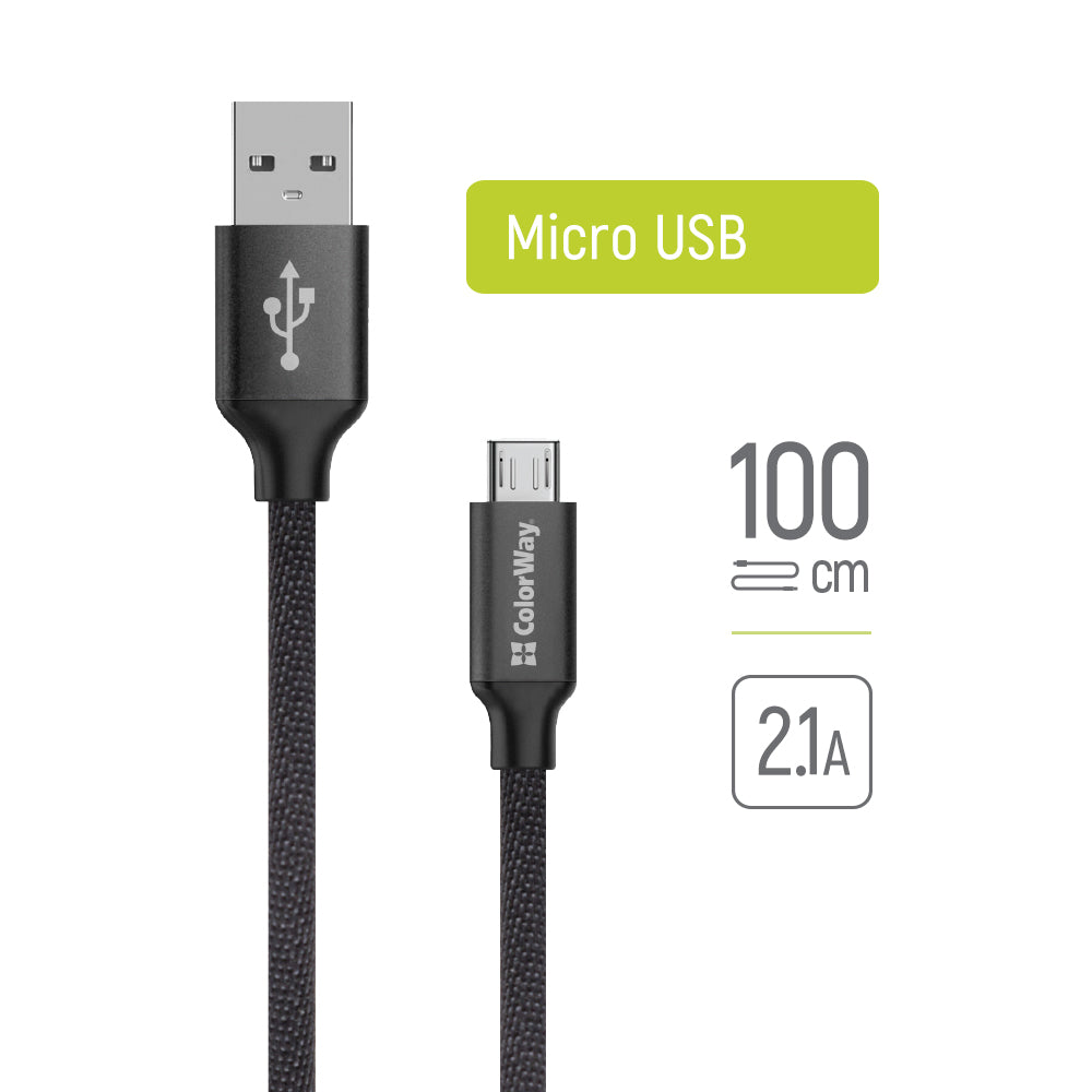 ColorWay - Data Cable (CW-CBUM002-BK) - USB to Micro-USB, for Syncing & Charging, Nylon, 2.1A, 480Mbps, 1m - Black