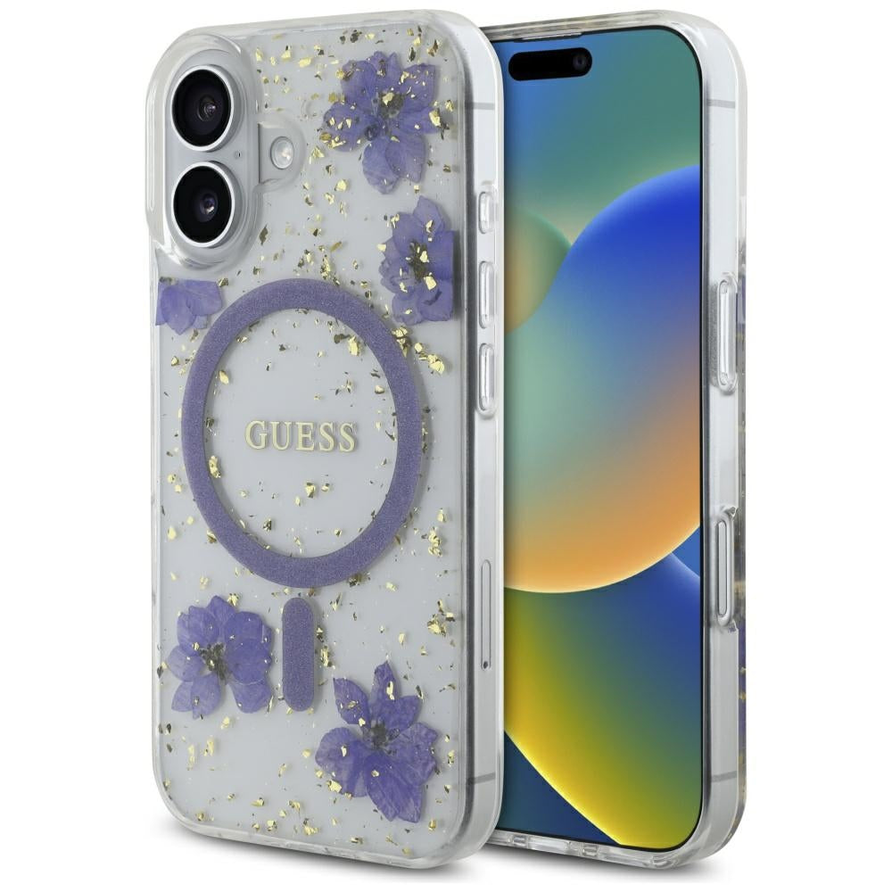 Guess - Hardcase Resin Flowers and Glitter MagSafe (GUHMP16SRBFGFGMU) - iPhone 16 - Purple