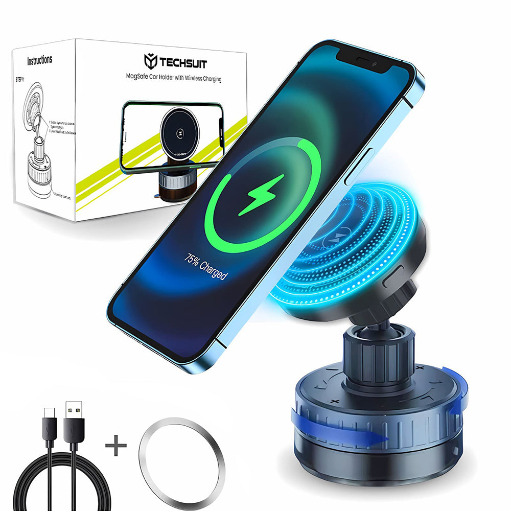 Techsuit - Premium Car Holder with Wireless Charging (HOLD253) - MagSafe N52 Magnets, Powerful Suction Cup, Dashboard - Black