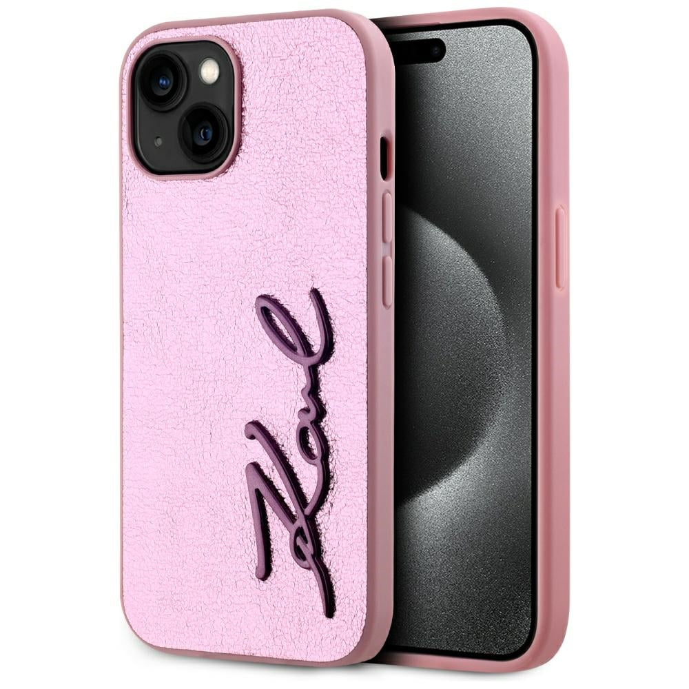 Karl Lagerfeld - Hardcase Leather (KLHCP15SPFMFBKMP) - iPhone 15 - Pink Metal Signature