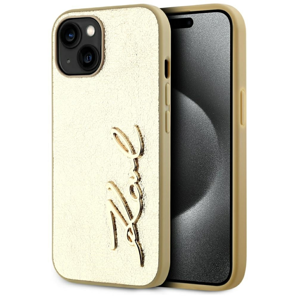 Karl Lagerfeld - Hardcase Leather (KLHCP15SPFMFBKMD) - iPhone 15 - Gold Metal Signature