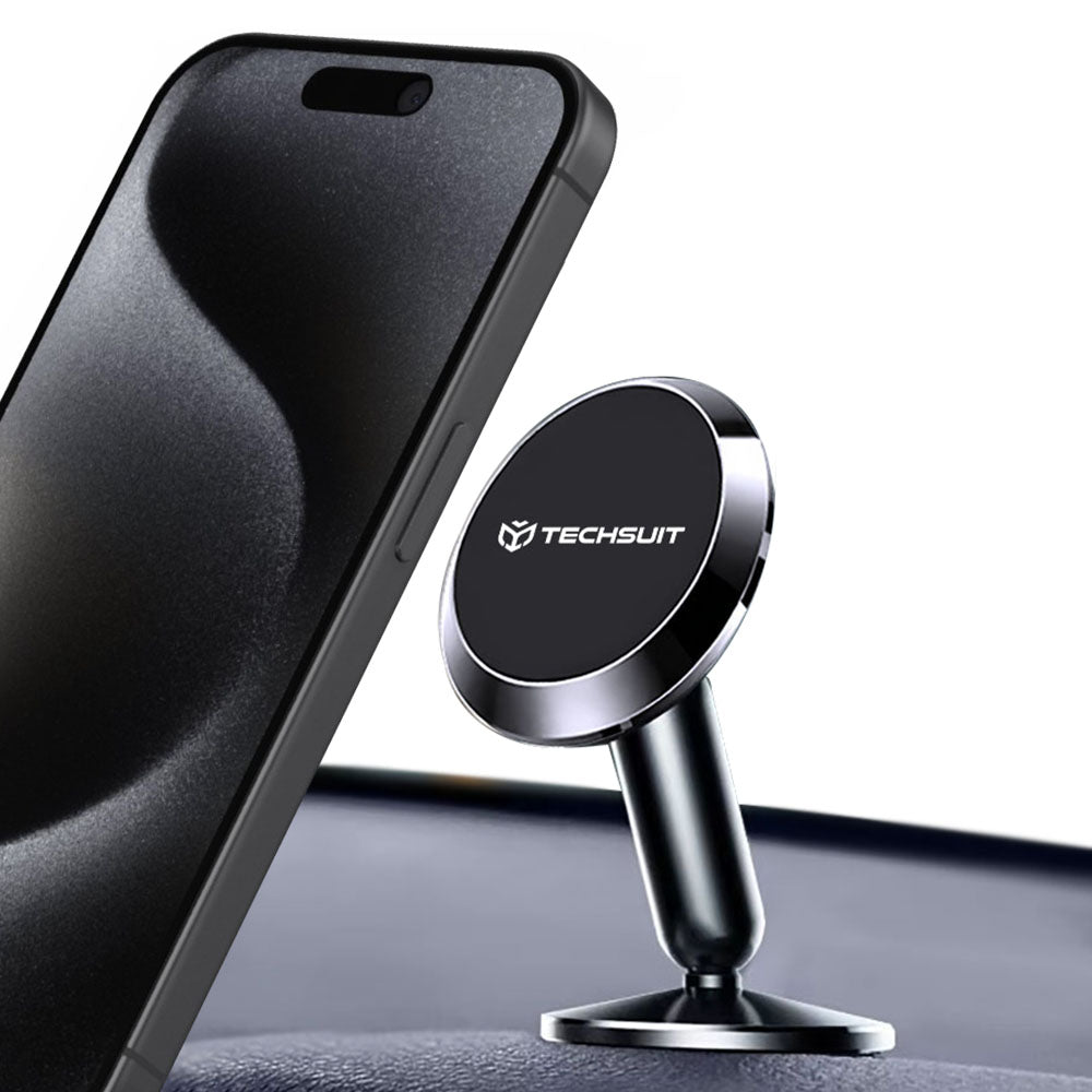 Techsuit - Premium Car Holder TinyGrip (S11) - Strong N52 Magnets, Universal Magnetic Mount, 360° Rotation, with 3M Metal Plates - Black