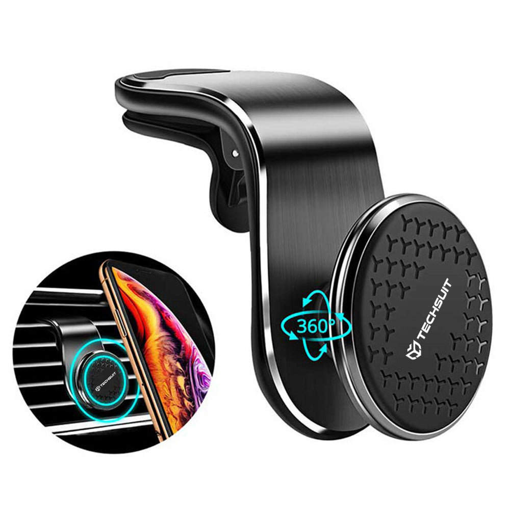 Techsuit - Car Holder AirGrip (S8) - Waterfall-Shaped, Magnetic N52 Secure Grip, for Air Vent, Clamp Grip - Black / Silver