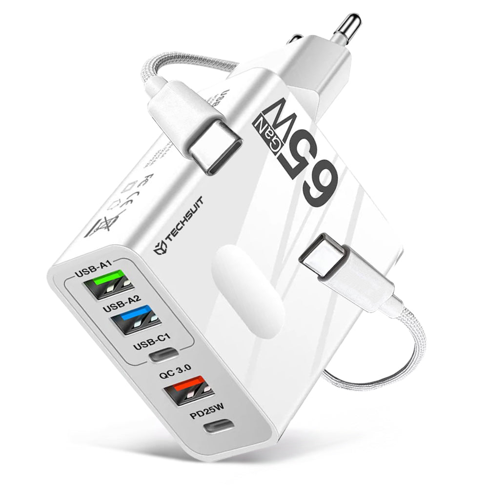 Techsuit - Premium Wall Charger PentaXPower (CHC1) - Type-C Cable Included, 3x USB, 2x Type-C PD 25W, 65W, GaN, 1m - White