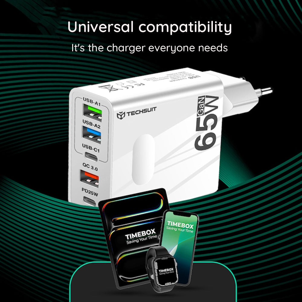 Techsuit - Premium Wall Charger PentaXPower (CHC1) - Type-C Cable Included, 3x USB, 2x Type-C PD 25W, 65W, GaN, 1m - Black