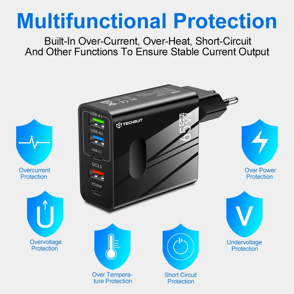 Techsuit - Premium Wall Charger PentaXPower (CHC1) - Type-C Cable Included, 3x USB, 2x Type-C PD 25W, 65W, GaN, 1m - White