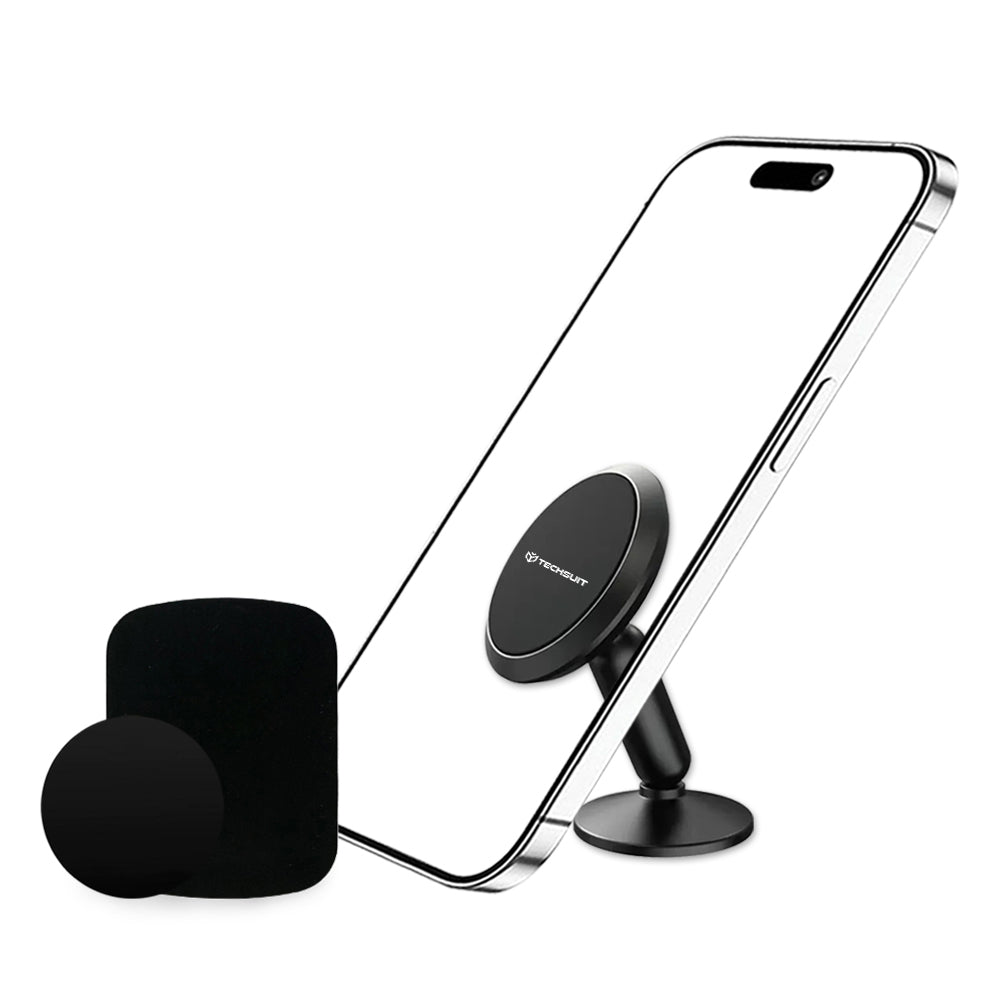 Techsuit - Premium Car Holder TinyGrip (S11) - Strong N52 Magnets, Universal Magnetic Mount, 360° Rotation, with 3M Metal Plates - Black