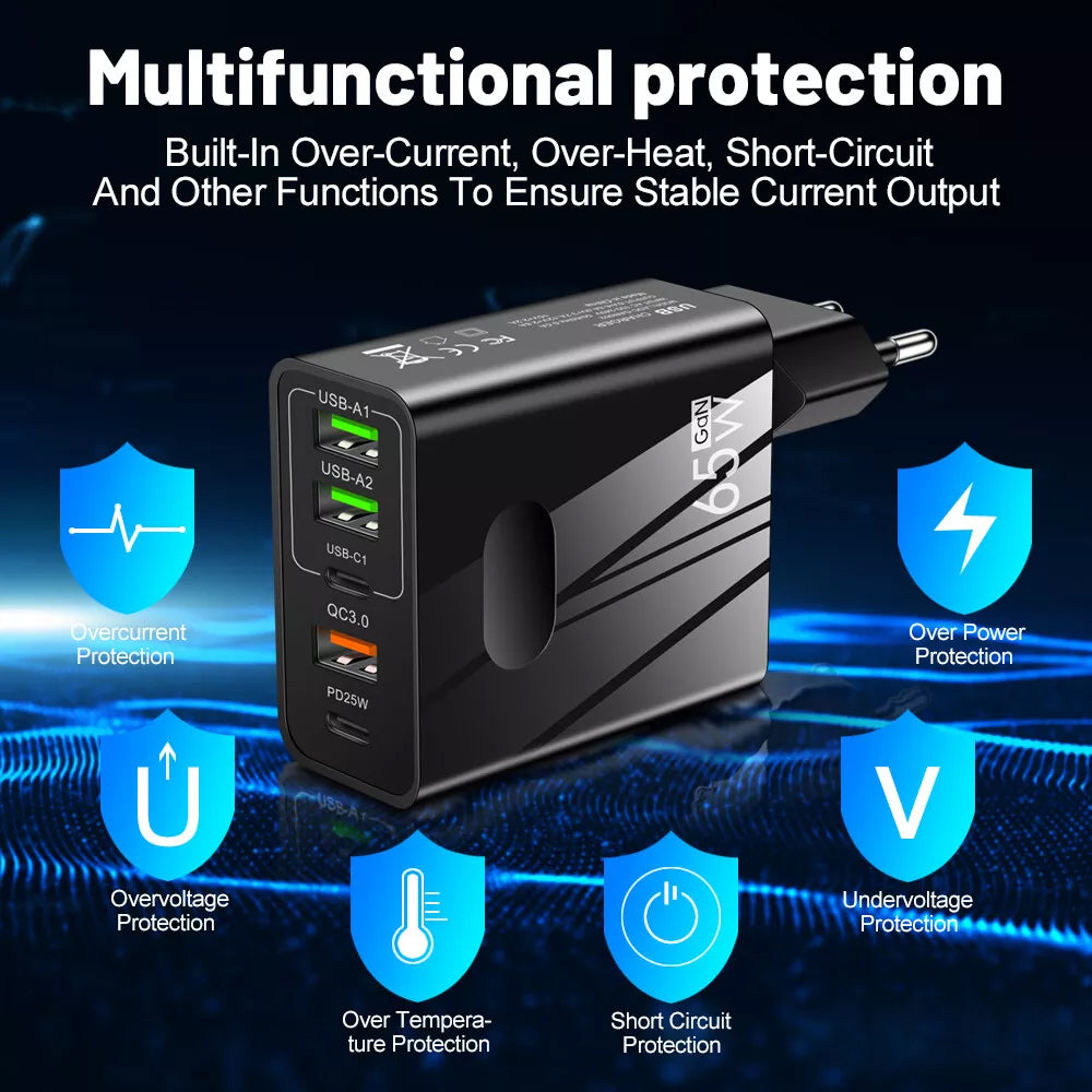 Techsuit - Premium Wall Charger PentaXPower (CHC1) - 3x USB, 2x Type-C PD 25W, 65W, GaN, Fast Charge - Black