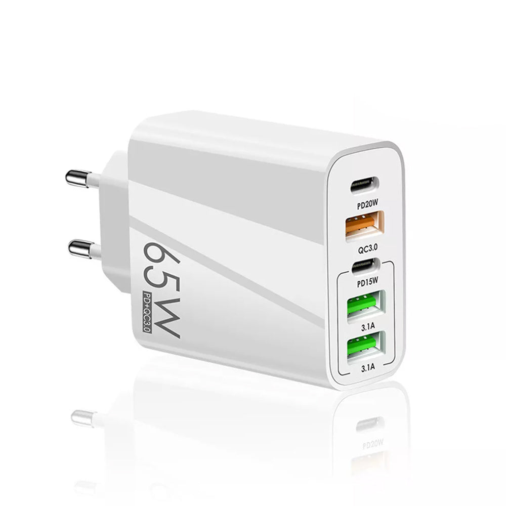 Techsuit - Premium Wall Charger PentaXPower (CHC2) - 3x USB QC 3.0, 2x Type-C PD 20W, 65W, GaN, Quick Charge - White