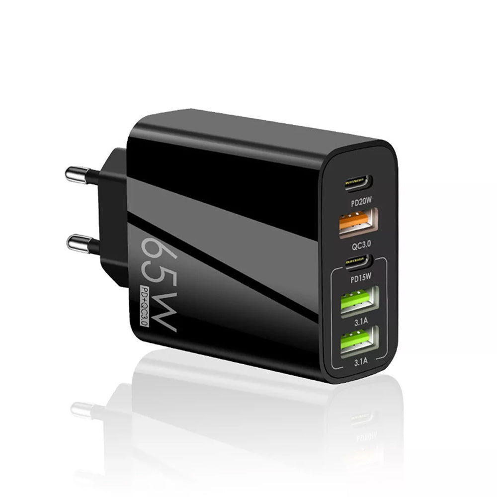 Techsuit - Premium Wall Charger PentaXPower (CHC2) - 3x USB QC 3.0, 2x Type-C PD 20W, 65W, GaN, Quick Charge - Black