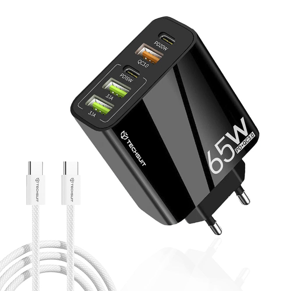 Techsuit - Premium Wall Charger PentaXPower (CHC2) - Type-C Cable Included, 3x USB QC 3.0, 2x Type-C PD 20W, 65W, 1m - Black