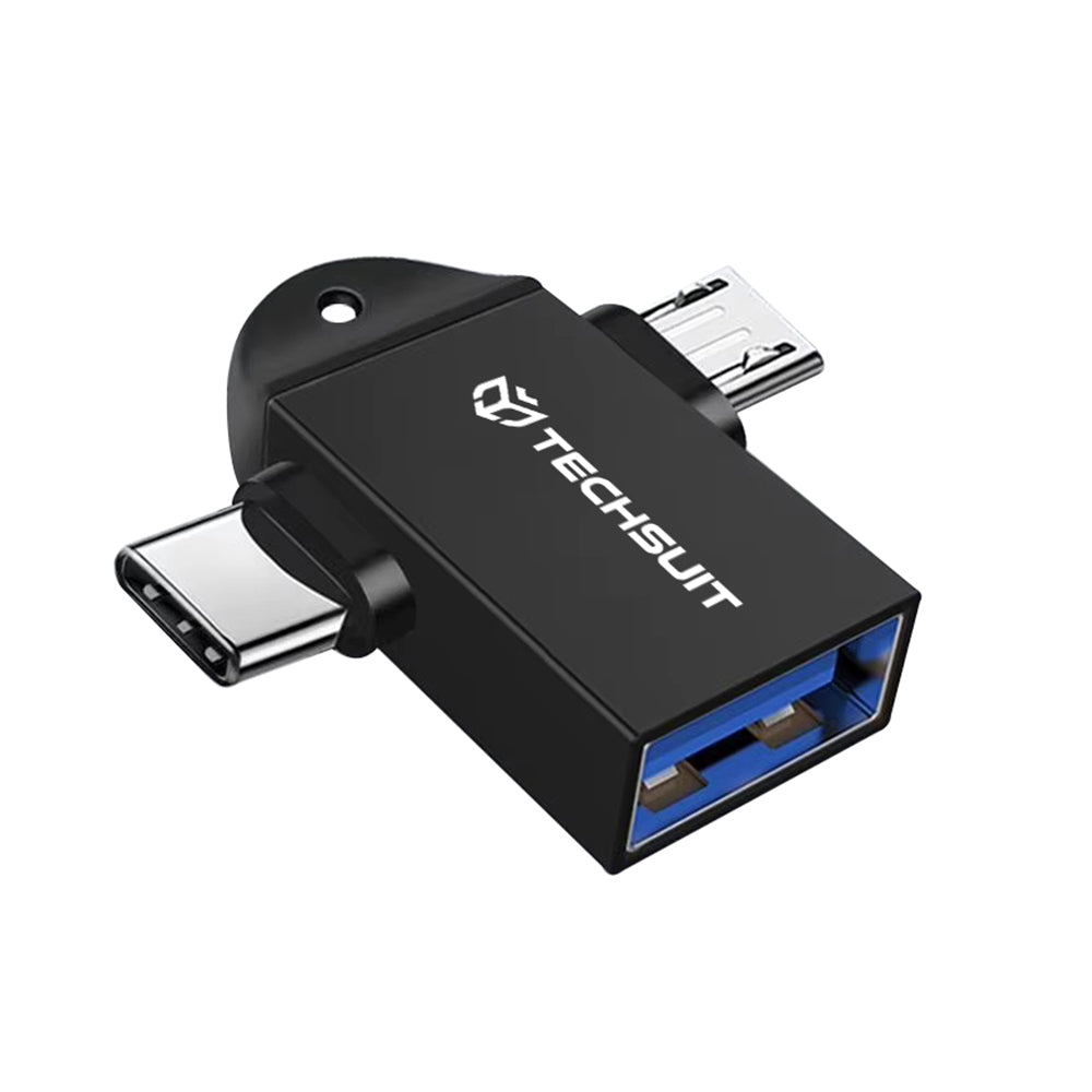 Techsuit - OTG Adapter TwoVoltX (A16) - 3in1, USB to Micro-USB + Type-C, Plug and Play, Aluminum Alloy - Black
