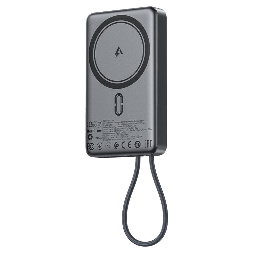 Acefast - Magnetic Wireless Power Bank (M18-10000) - with Built-in Cable, Type-C, 10000mAh, 38.5Wh, PD20W, LED Light - Black