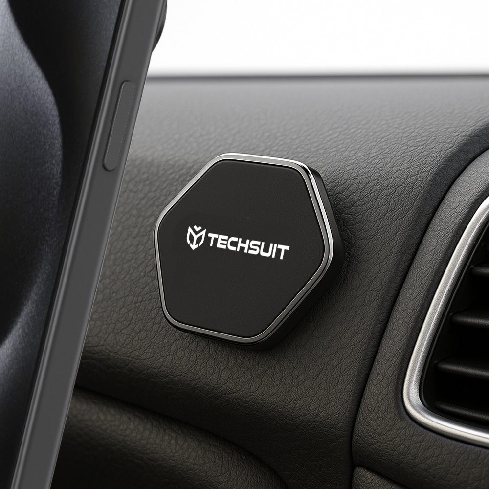 Techsuit - Phone Holder Tiny Series (HOLD210-C) - Dashboard Magnetic Grip, Multipurpose Use, Hexagonal, 2 Metal Plates - Black