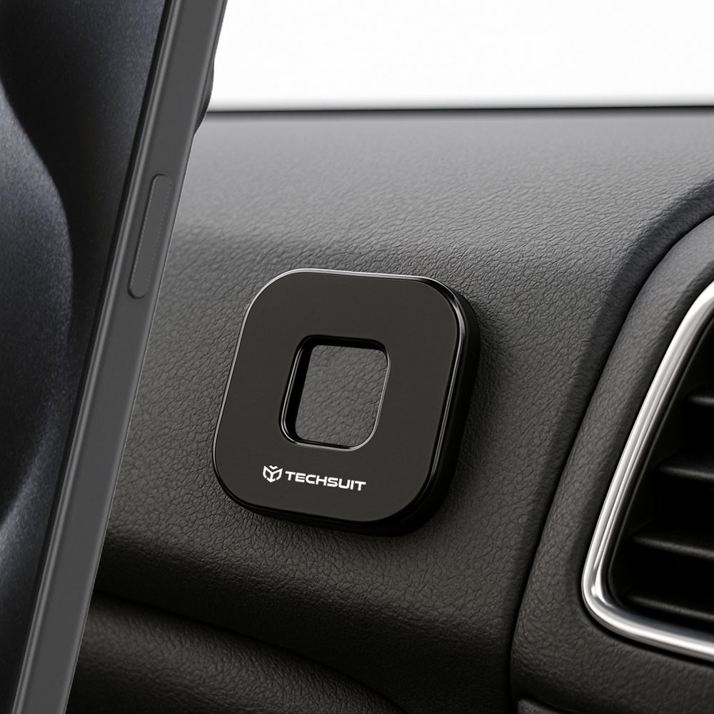 Techsuit - Phone Holder Tiny Series (HOLD210) - Dashboard Magnetic Grip, Multipurpose Use, Quadrilateral, 2 Metal Plates - Black