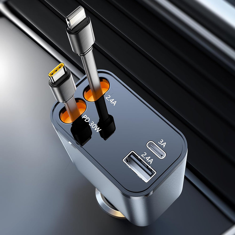 Techsuit - Premium Car Charger NanoVoltX (C1) - with Retractable USB-C, Lightning Cables, USB 2.4A, PD30W, 69W, 180° - Gray