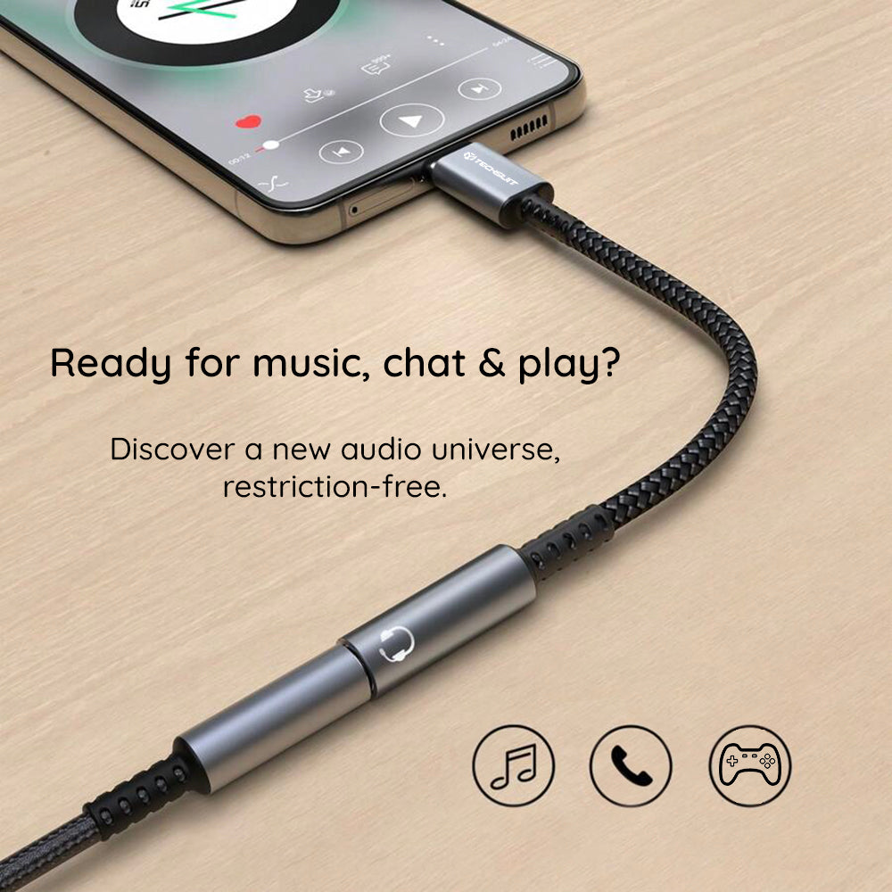 Techsuit - Premium Cable Adapter SonicPiX (AC14) - Type-C to 3.5mm Jack, 3A, DAC Chip, Aluminum, Digital Decoder, 0.1m - Gray