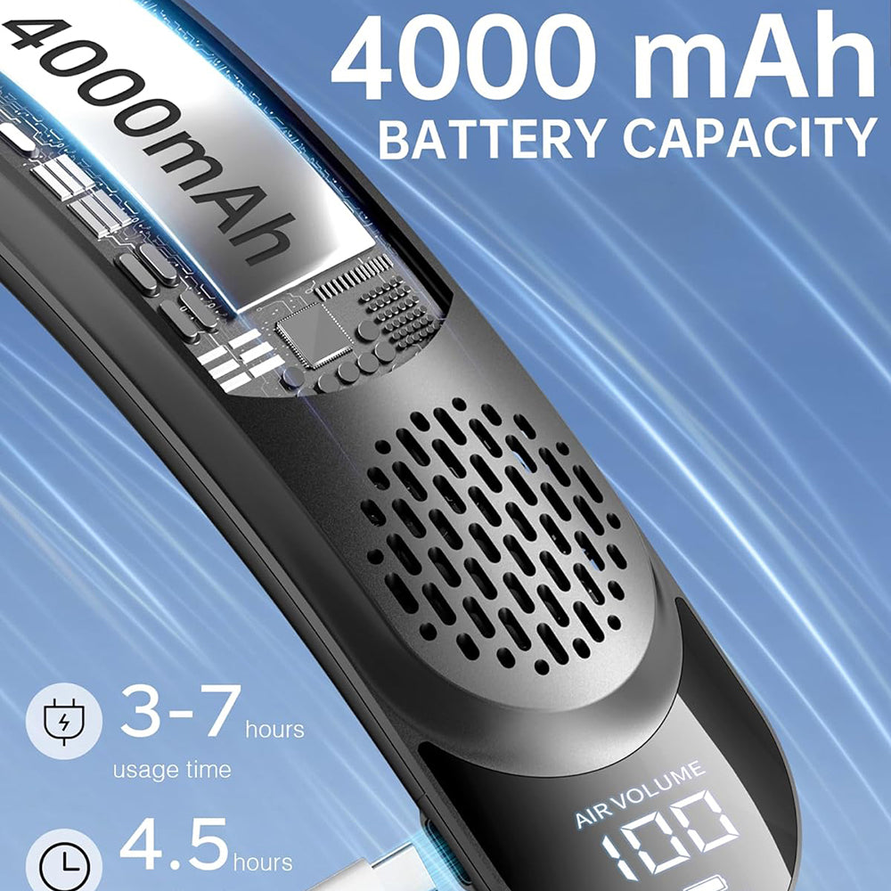 Techsuit - Neck Fan (S8) - Portable, with Digital Display, 3 Wind Speeds, 4000mAh, 7300RPM - Black