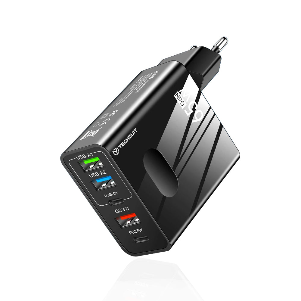 Techsuit - Premium Wall Charger PentaXPower (CHC1) - 3x USB, 2x Type-C PD 25W, 65W, GaN, Fast Charge - Black