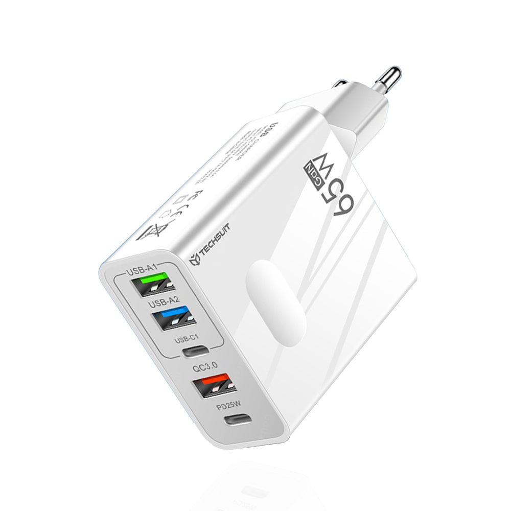 Techsuit - Premium Wall Charger PentaXPower (CHC1) - 3x USB, 2x Type-C PD 25W, 65W, GaN, Fast Charge - White