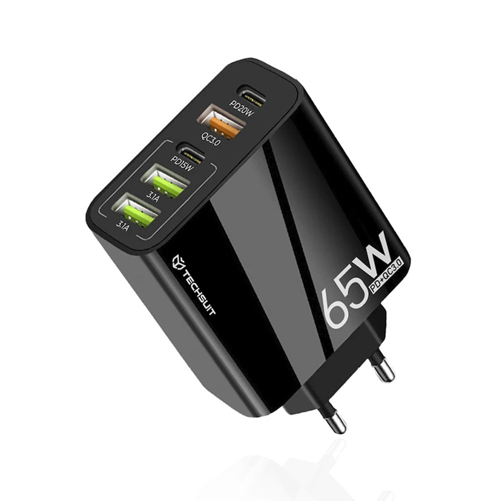 Techsuit - Premium Wall Charger PentaXPower (CHC2) - 3x USB QC 3.0, 2x Type-C PD 20W, 65W, GaN, Quick Charge - Black