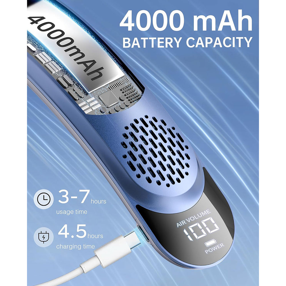 Techsuit - Neck Fan (S8) - Portable, with Digital Display, 3 Wind Speeds, 4000mAh, 7300RPM - Blue