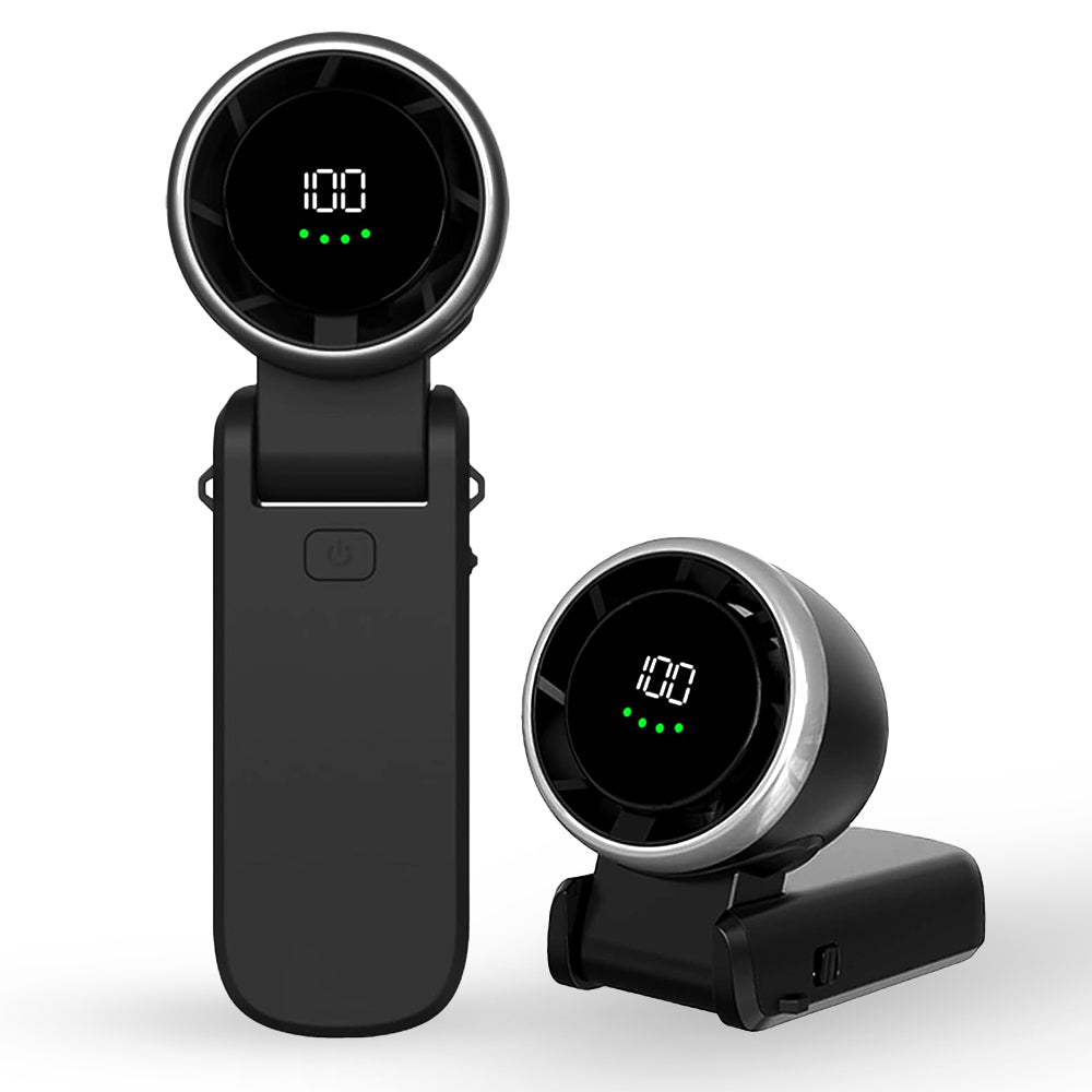 Techsuit - Premium Mini Hand Fan (A9) - with LED Digital Display, USB-C Rechargeable, 5 Wind Speeds, 5000mAh - Black