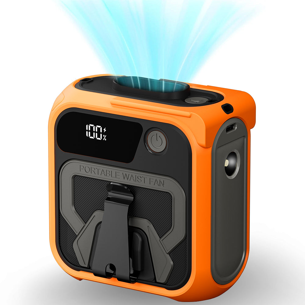 Techsuit - Premium Portable Mini Fan (Z13) - with Power Bank, Rechargeable, 5 Wind Speeds, Belt Buckle, 10000mAh - Orange