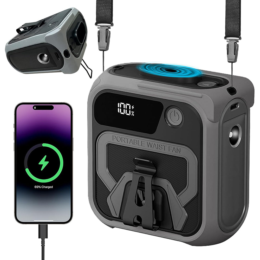 Techsuit - Premium Portable Mini Fan (Z13) - with Power Bank, Rechargeable, 5 Wind Speeds, Belt Buckle, 10000mAh - Gray