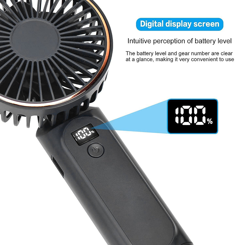 Techsuit - Premium Mini Hand Fan (M12) - with LED Digital Display, USB-C Rechargeable, 6 Wind Speeds, 5000mAh - Black