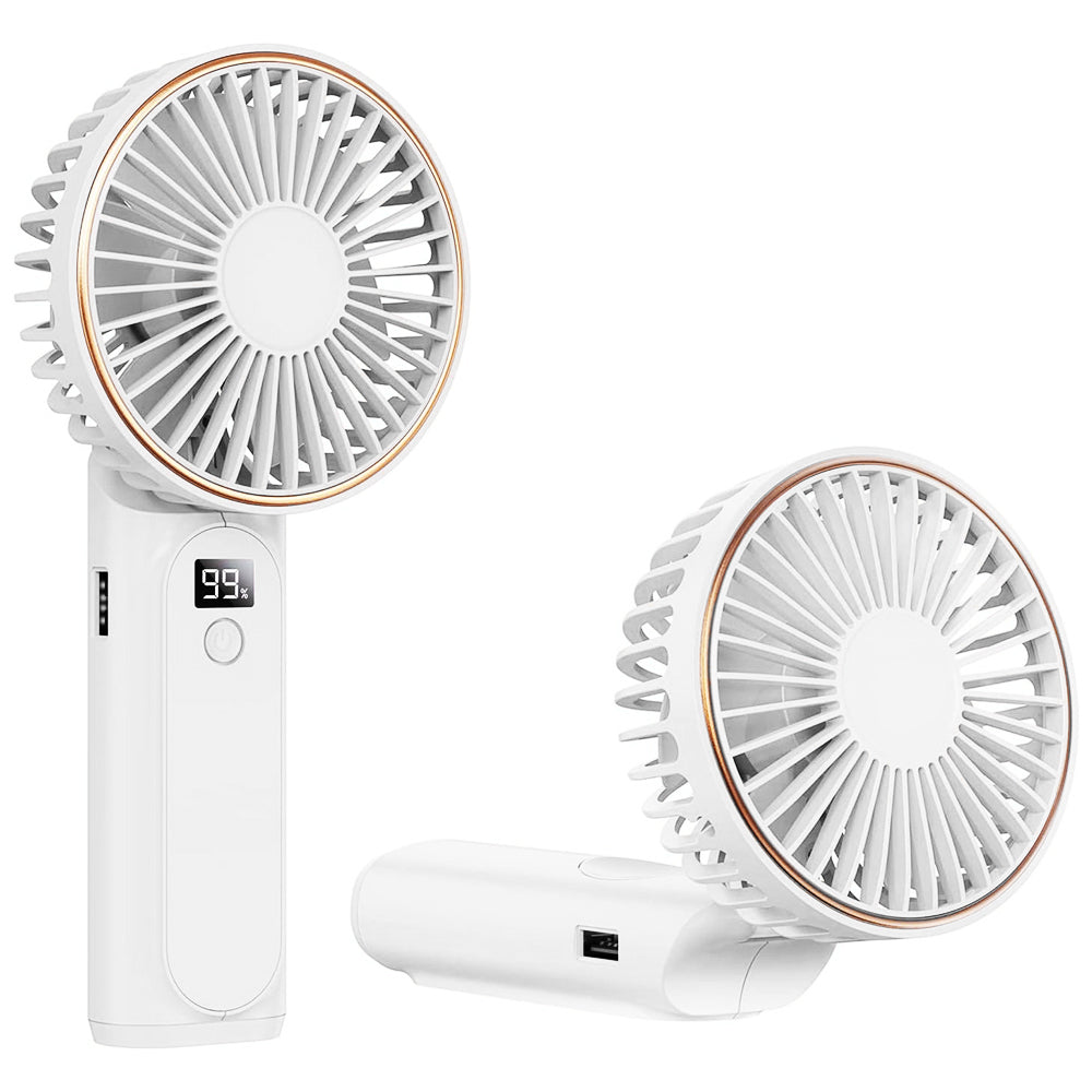 Techsuit - Premium Mini Hand Fan (M12) - with LED Digital Display, USB-C Rechargeable, 6 Wind Speeds, 5000mAh - White