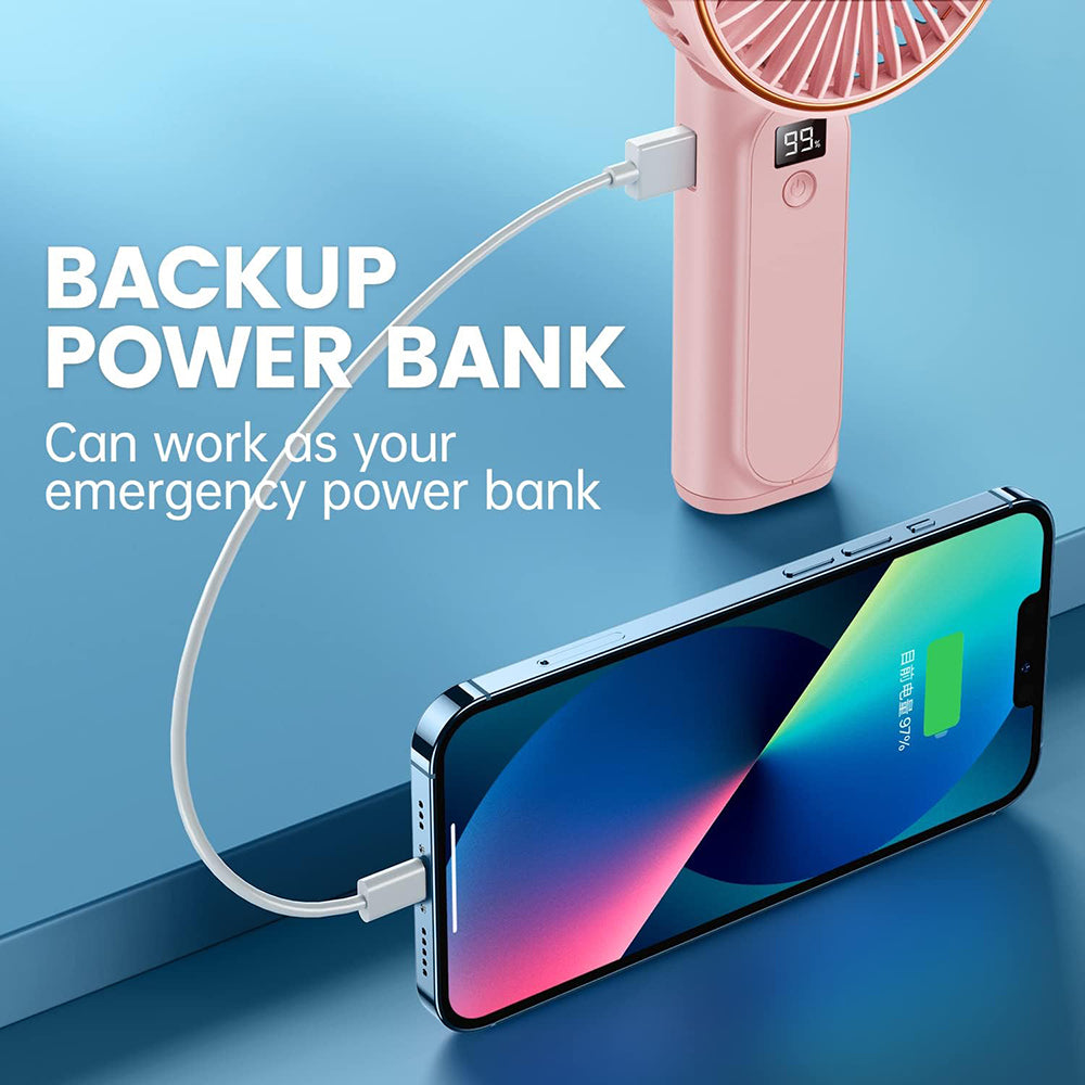 Techsuit - Premium Mini Hand Fan (M12) - with LED Digital Display, USB-C Rechargeable, 6 Wind Speeds, 5000mAh - White