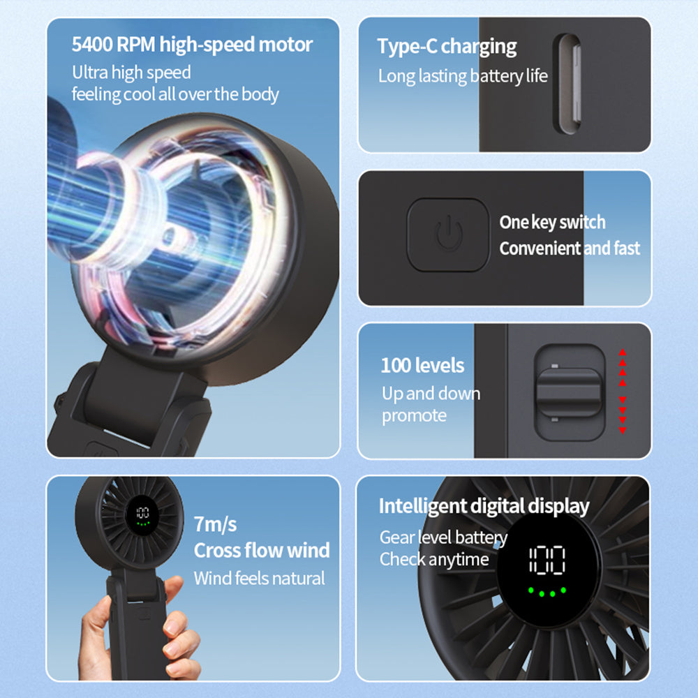 Techsuit - Premium Mini Hand Fan (A10) - with LED Digital Display, USB-C Rechargeable, 100 Wind Speeds, 5400RPM - Black