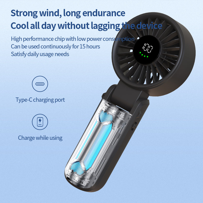 Techsuit - Premium Mini Hand Fan (A10) - with LED Digital Display, USB-C Rechargeable, 100 Wind Speeds, 5400RPM - Black