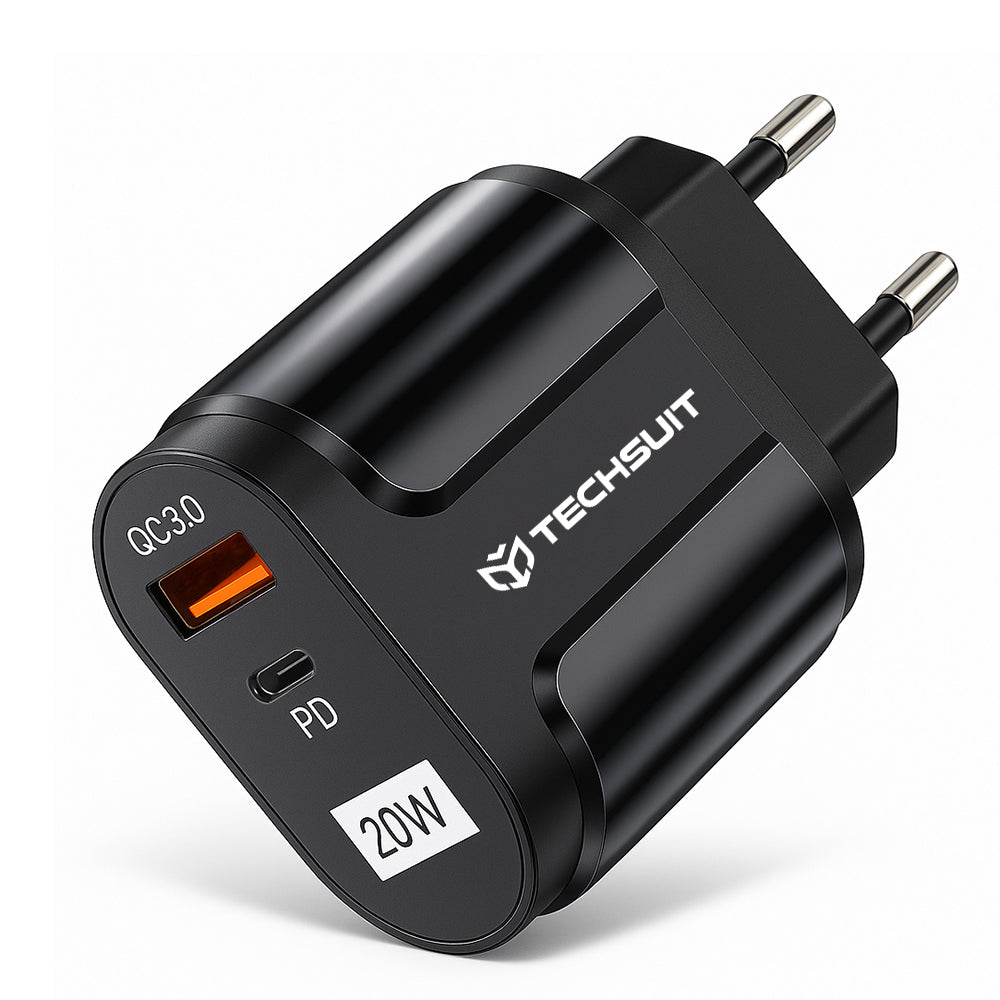 Techsuit - Wall Charger Premium (CHPD038) - USB-A, QC 3.0, USB-C, 20W - Black