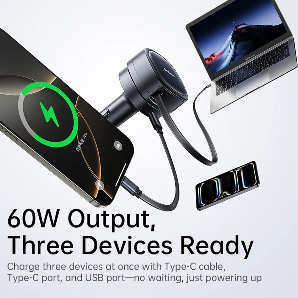 Baseus - Car Charger PrimeTrip VR1 (C00069001121-00) - with Retractable Cable, 2 x Type-C, USB, 60W - Black