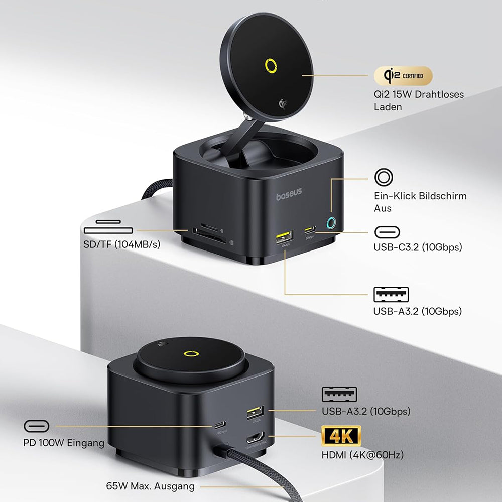 Baseus - Docking Station MagPro Series II (B00072900121-00) - Magnetic, USB, USB-C, HDMI, SD, 100W, 10Gbps, Qi2 15W - Black