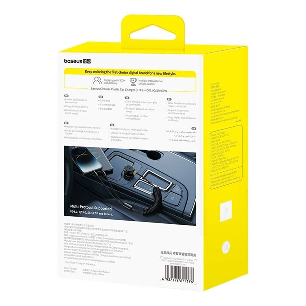 Baseus - Car Charger (C00035902121-00) - 2x USB-C, Fast Charge with USB-C, Lightning Spring Cable, 60W, 3A, 1.4m - Black