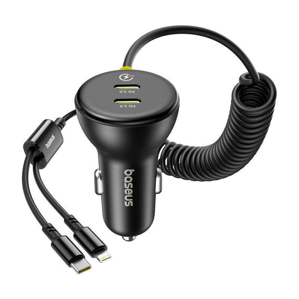 Baseus - Car Charger (C00035902121-00) - 2x USB-C, Fast Charge with USB-C, Lightning Spring Cable, 60W, 3A, 1.4m - Black